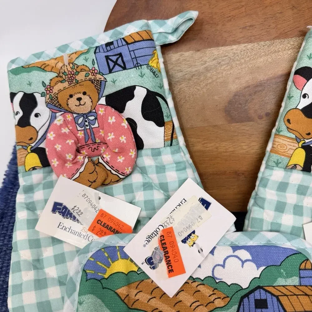 VTG 80s 90s Teddy Bears COW Kitchen Towel Dishcloth Potholder Set Deadstock NOS